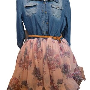 Lilt Girls Floral Dress Xl 18.5 Jean Top With Pink Floral Bottom Decorative Belt